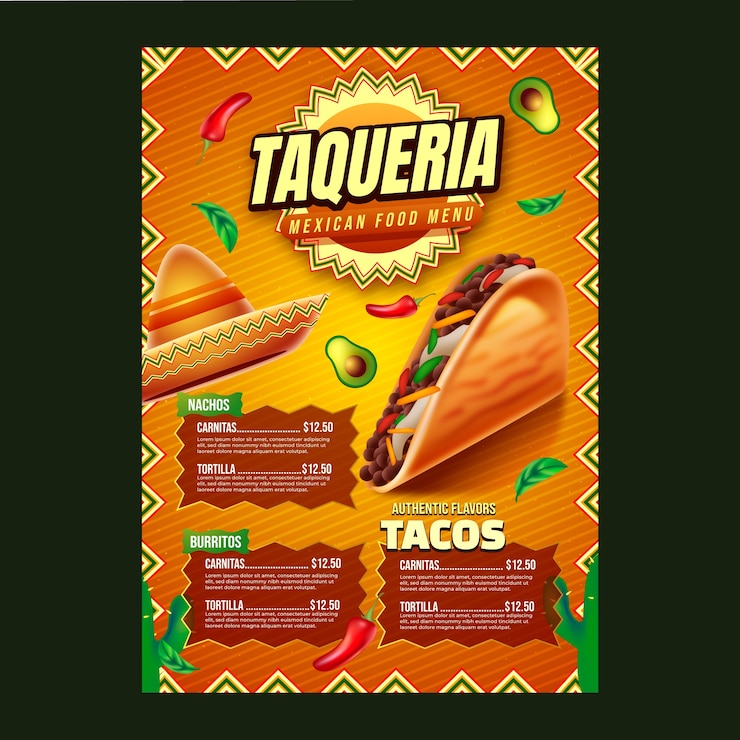 Vector gratuito diseño de menú de taquería realista.