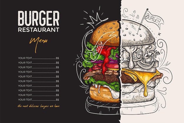 Diseño de menú de vector de folleto de restaurante Plantilla de café de vector con gráfico dibujado a mano Folleto de comida