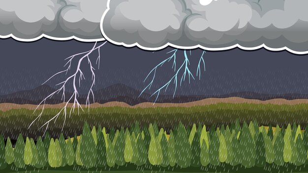 Vector gratuito diseño de miniaturas con lluvia y relámpagos en el paisaje natural.