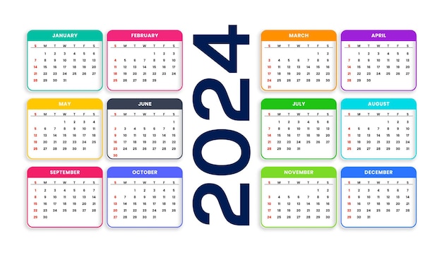 Vector gratuito diseño moderno y colorido de plantillas de calendario para el año nuevo de 2024