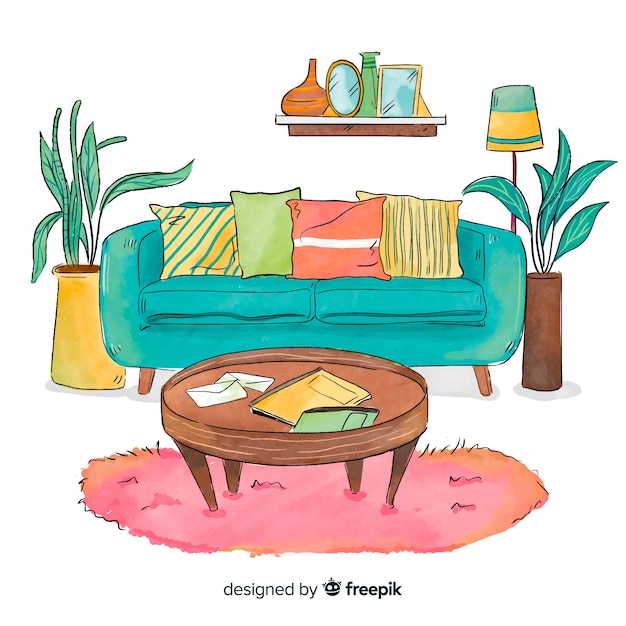 Diseño moderno de interior de casa en acuarela
