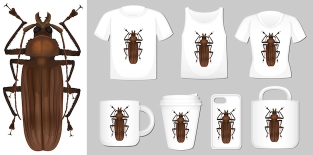 Vector gratuito diseño móvil de camiseta, taza y cubierta con escarabajo.