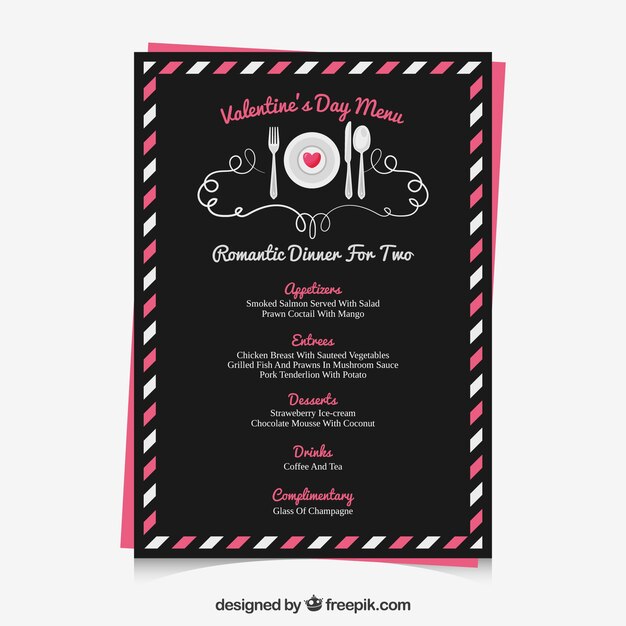 Diseño negro de menú de san valentin