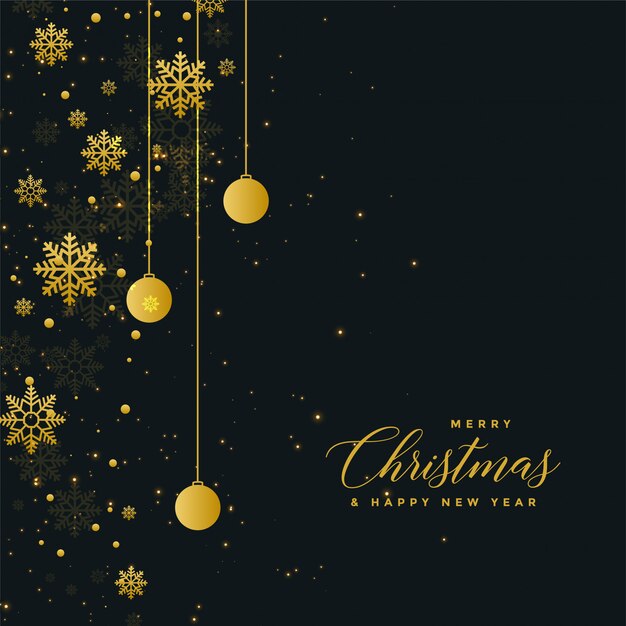 Diseño oscuro del cartel de la celebración de Navidad con bolas de oro