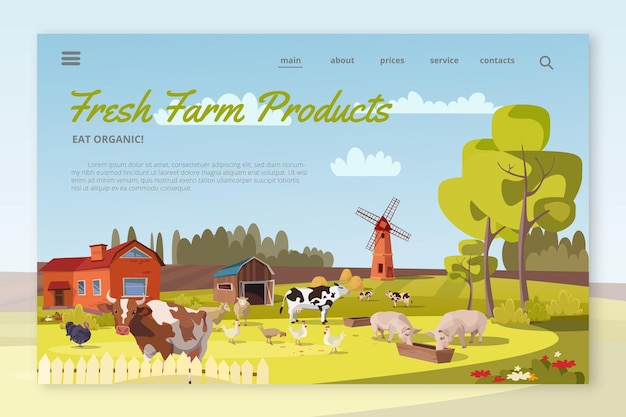 Diseño de página de destino de fresh farm products paisaje de granja con molino ganado aves de corral vacas cerdos pollo pavos pastan paisaje rural con granero árboles flores agricultura trabajo agrícola