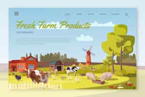 Vector gratuito diseño de página de destino de fresh farm products paisaje de granja con molino ganado aves de corral vacas cerdos pollo pavos pastan paisaje rural con granero árboles flores agricultura trabajo agrícola
