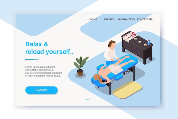 Diseño de página de destino isométrica o sitio web de terapia de masaje