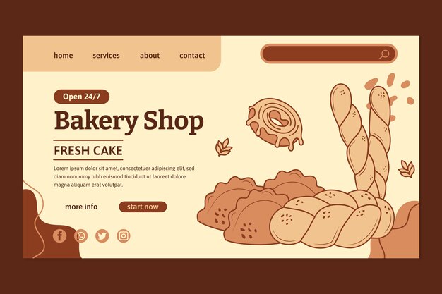 Diseño de página de destino de panadería dibujada a mano