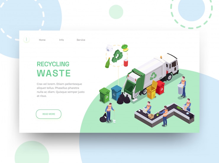 Vector gratuito diseño de página de inicio de sitio web isométrico de reciclaje de residuos de basura con enlaces de texto editable e imágenes de limpieza ilustración vectorial