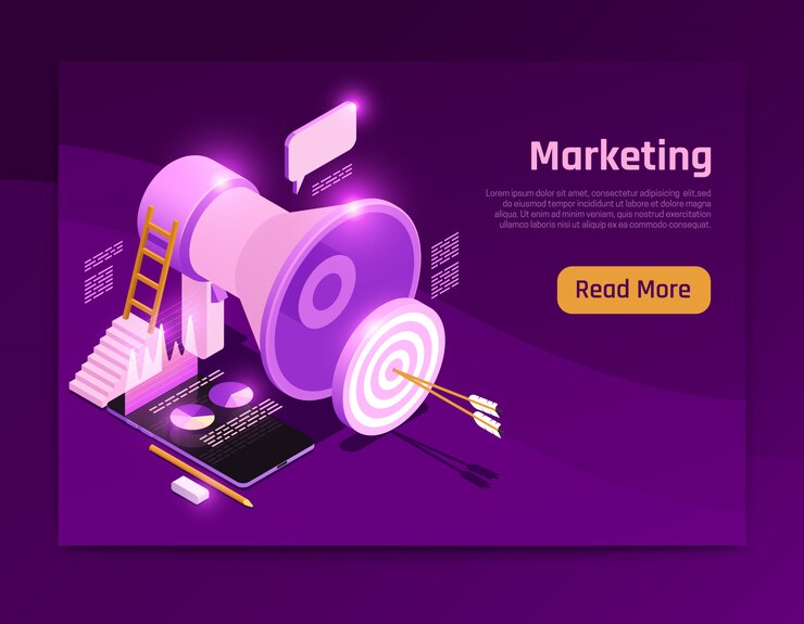 Vector gratuito diseño de página isométrica de estrategia empresarial con ilustración de símbolos de marketing