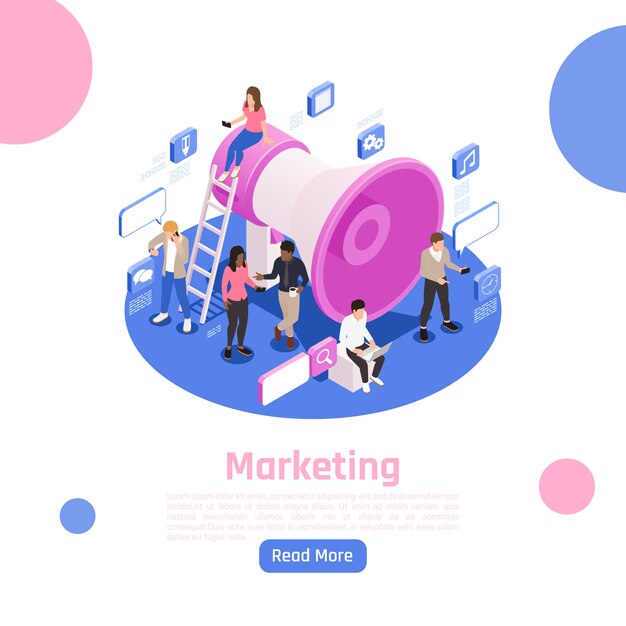 Diseño de página isométrica de gente de negocios con ilustración de símbolos de marketing