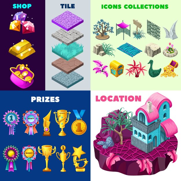 Diseño de paisaje de cabañas y elementos