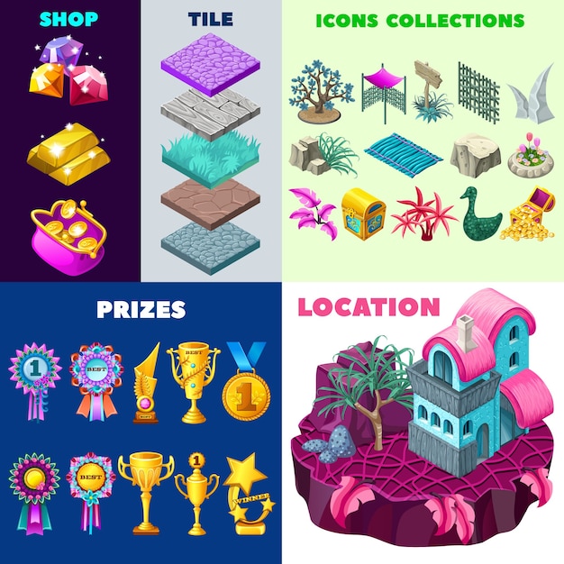 Diseño de paisaje de cabañas y elementos