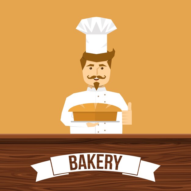Diseño de panadero y pan con hombre sonriente detrás de mostrador de madera