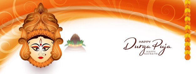 Diseño de pancartas del festival hindú Durga Puja y Happy navratri con vector de cara de diosa