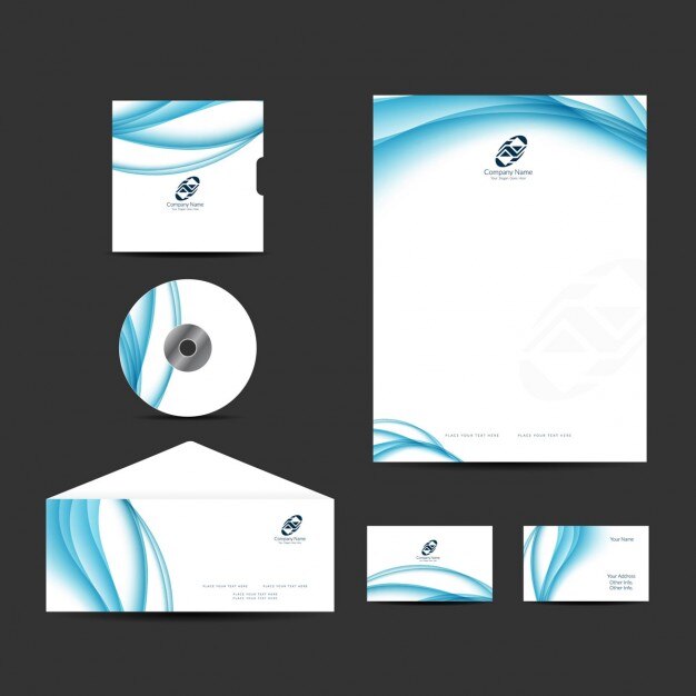 Diseño de papelería de empresa azul ondulada