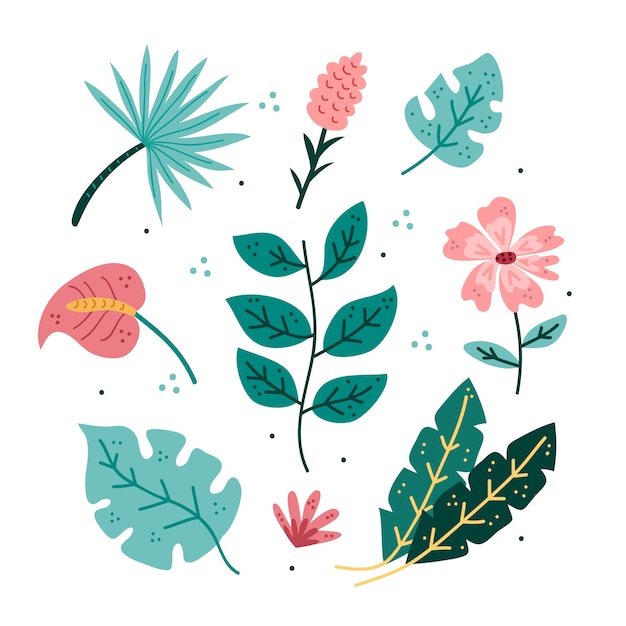 Vector gratuito diseño de paquete de hojas y flores tropicales