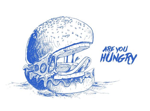 Diseño de pared de restaurantes de tarjeta de menú de concepto de hamburguesa hambrienta