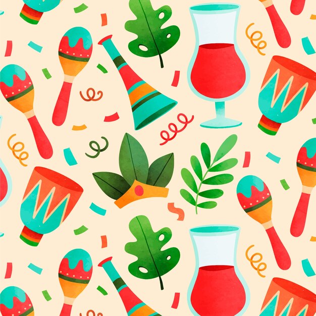 Diseño de patrón de celebración de carnaval brasileño acuarela