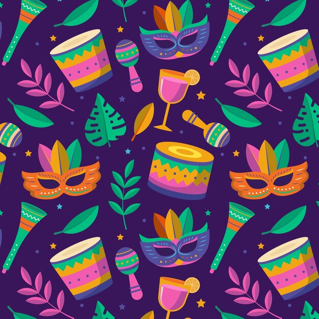 Diseño de patrón de celebración de carnaval brasileño plano