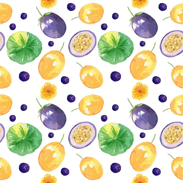 Vector gratuito diseño de patrón floral y frutas de acuarela.
