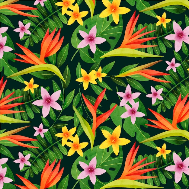 Diseño de patrón floral y frutas de acuarela.