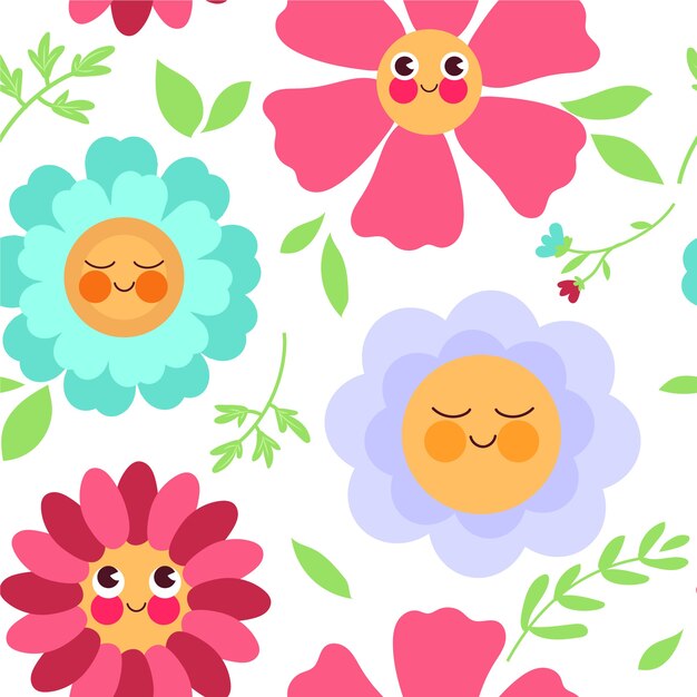 Diseño de patrón de flores sonrientes de primavera plana