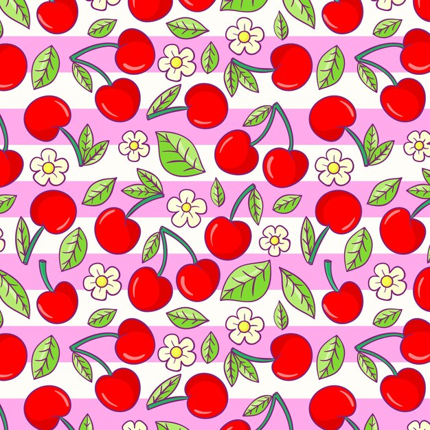 Diseño de patrón de fruta de cereza dibujado a mano