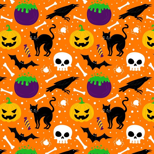 Diseño de patrón de halloween plano dibujado a mano