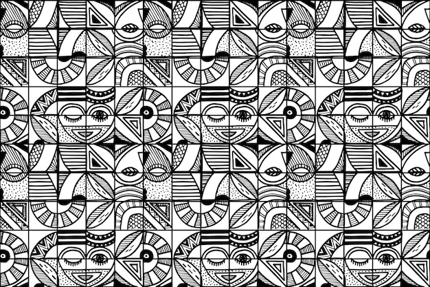 Diseño de patrón de mosaico monocromático geométrico dibujado a mano