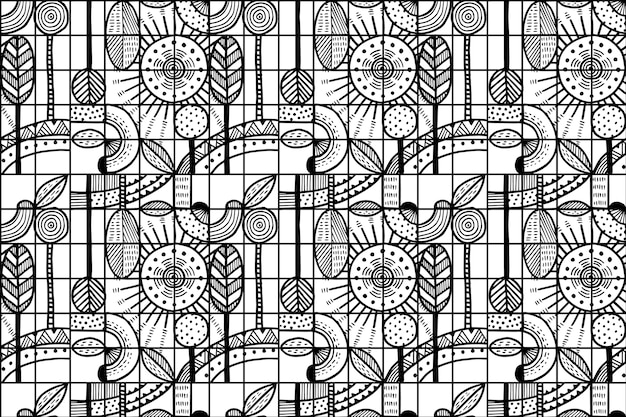 Diseño de patrón de mosaico monocromático geométrico dibujado a mano