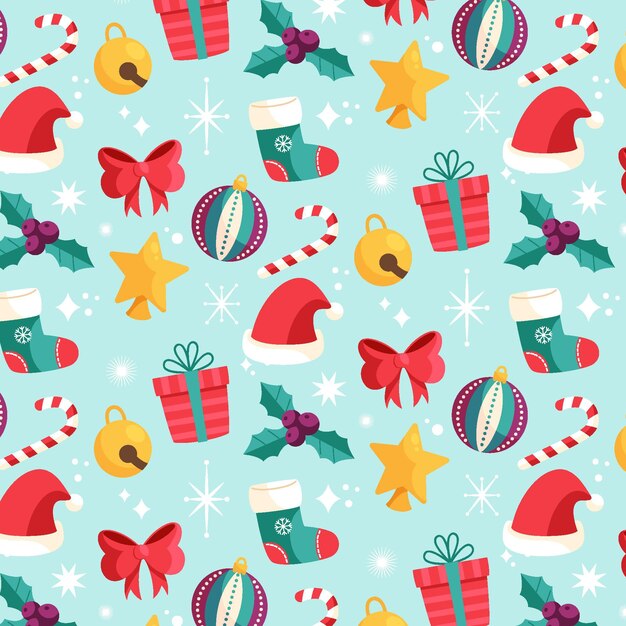 Diseño de patrón de navidad plano dibujado a mano