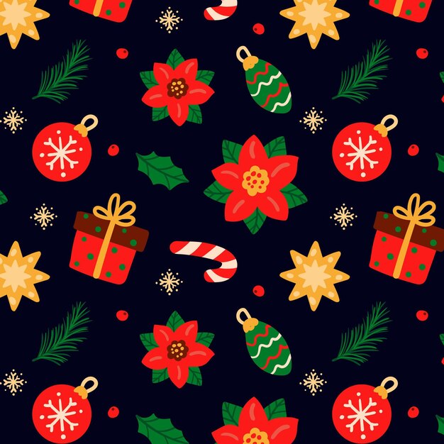 Diseño de patrón de navidad plano dibujado a mano