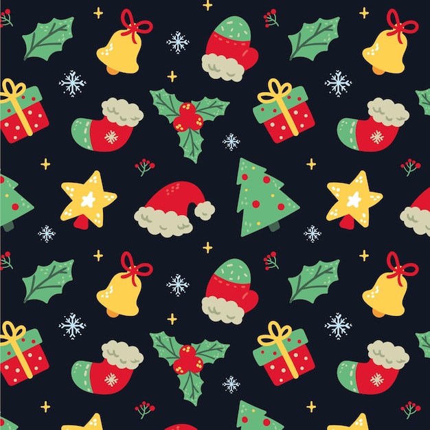 Diseño de patrón de navidad plano dibujado a mano
