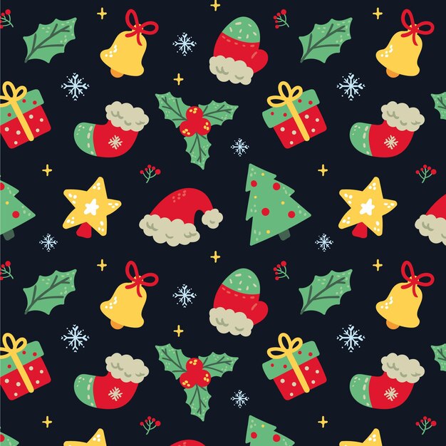 Diseño de patrón de Navidad plano dibujado a mano