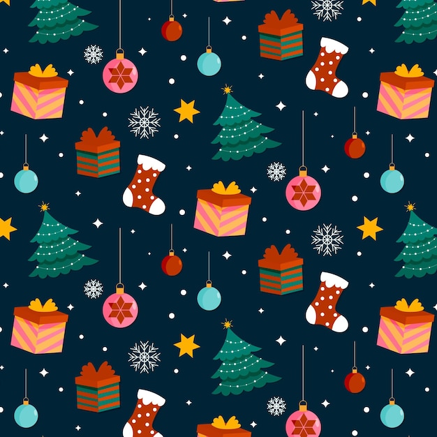 Diseño de patrón de navidad plano dibujado a mano