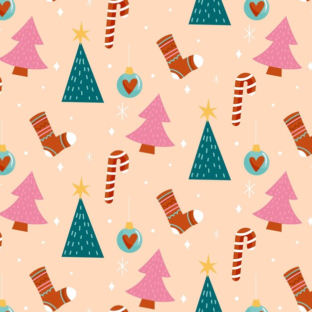 Diseño de patrón de navidad plano dibujado a mano