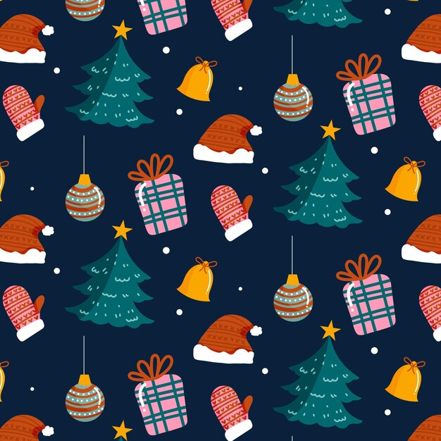 Diseño de patrón de navidad plano dibujado a mano