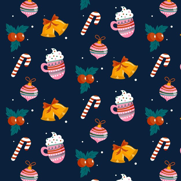 Diseño de patrón de navidad plano dibujado a mano