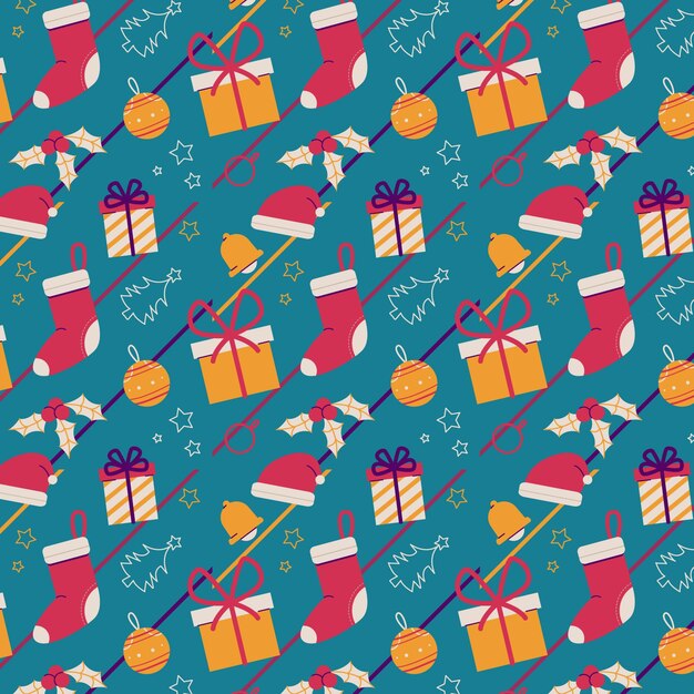 Diseño de patrón de navidad plano dibujado a mano