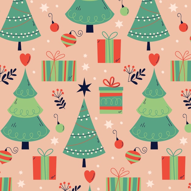 Diseño de patrón de Navidad plano dibujado a mano