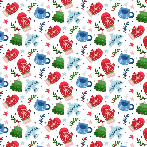 Diseño de patrón de navidad plano dibujado a mano