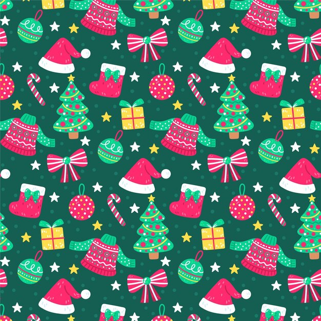 Diseño de patrón de navidad plano dibujado a mano