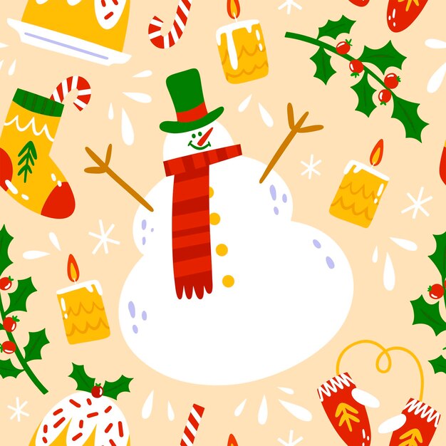 Diseño de patrón de navidad plano dibujado a mano