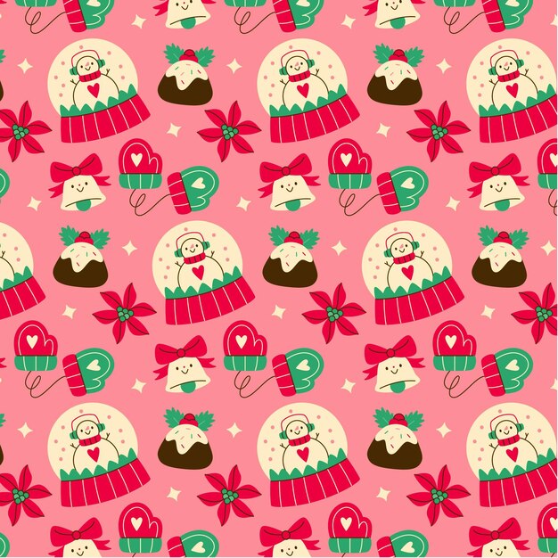 Diseño de patrón de navidad plano dibujado a mano