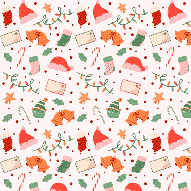 Diseño de patrón de navidad plano dibujado a mano