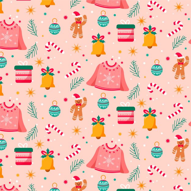 Diseño de patrón de navidad plano dibujado a mano