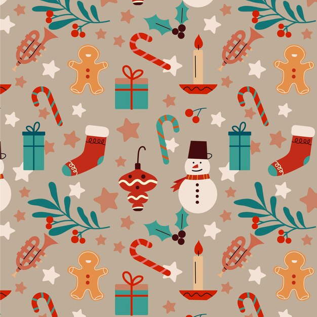 Diseño de patrón de navidad plano dibujado a mano