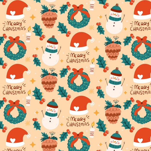 Diseño de patrón de navidad plano dibujado a mano