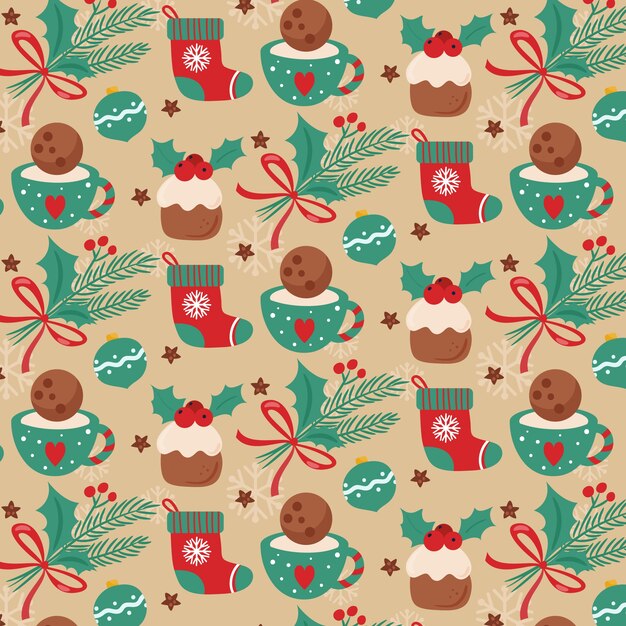 Diseño de patrón de navidad plano dibujado a mano